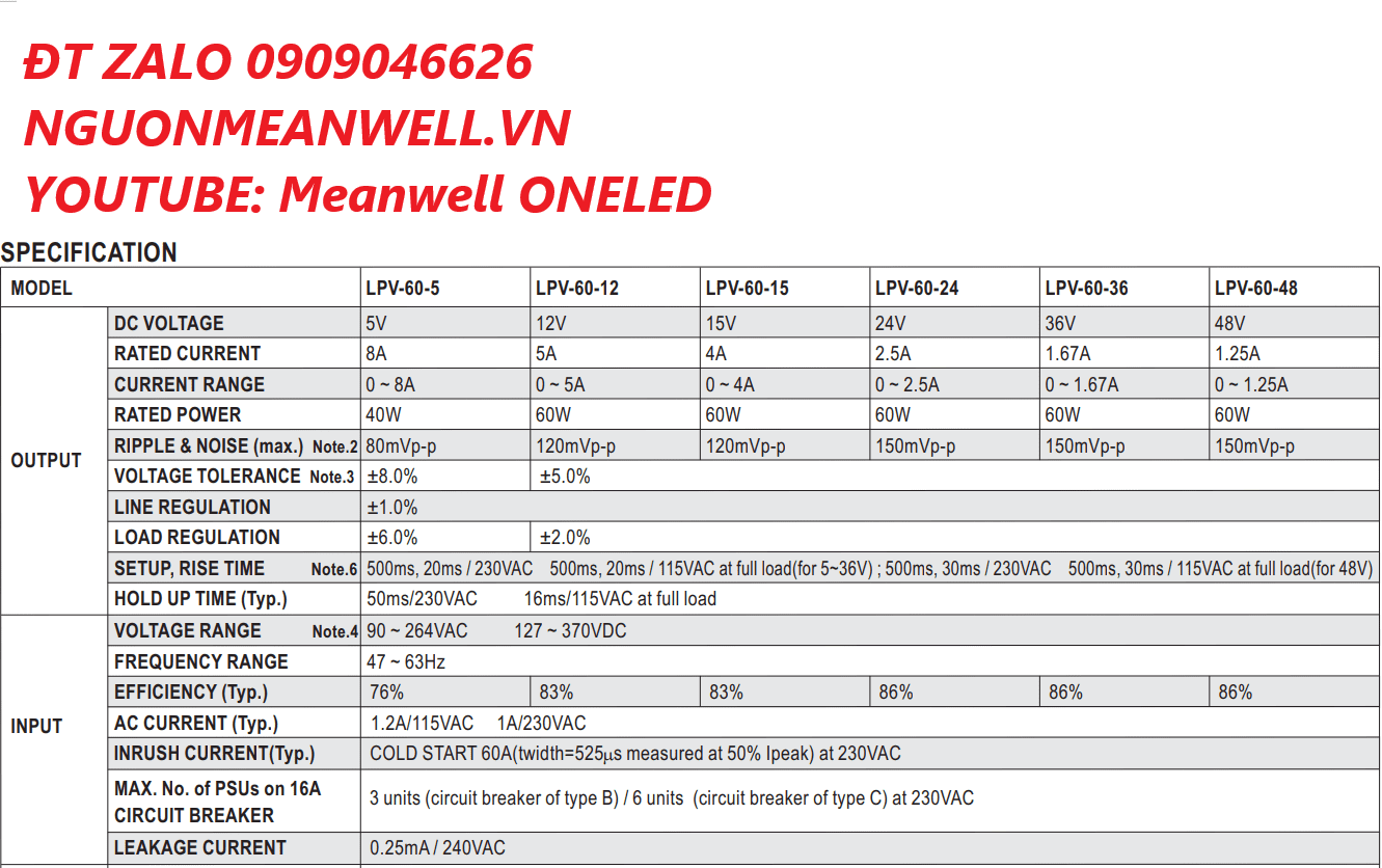 Alimentation LED MeanWell LPV-60-24 - 60W 24V 2.5A, IP67, Intérieur/Extérieur