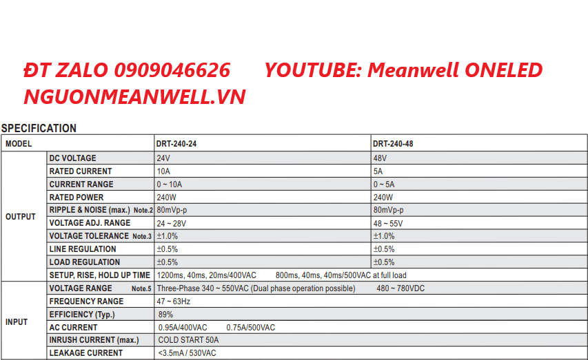 Báo Giá Bộ Nguồn Meanwell DRT-240-48