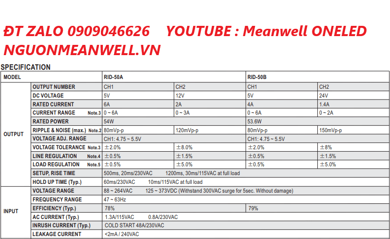 Báo Giá Bộ Nguồn Meanwell RID-50A