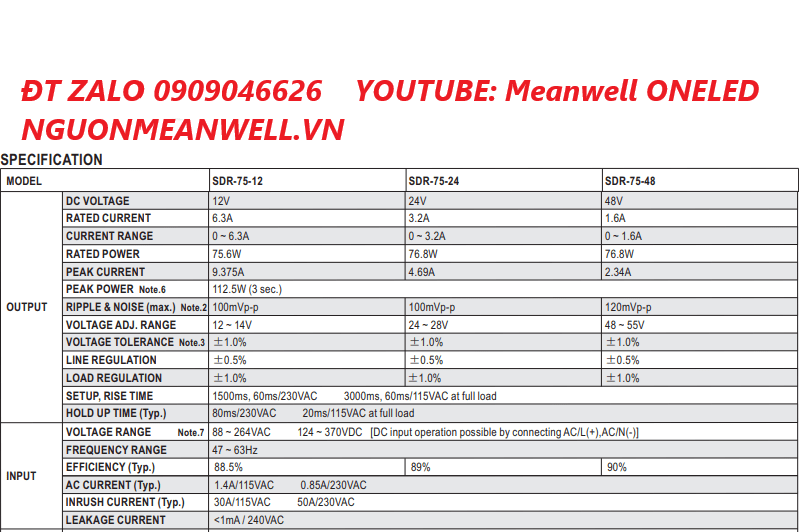 Báo Giá Bộ Nguồn Meanwell SDR-75-48