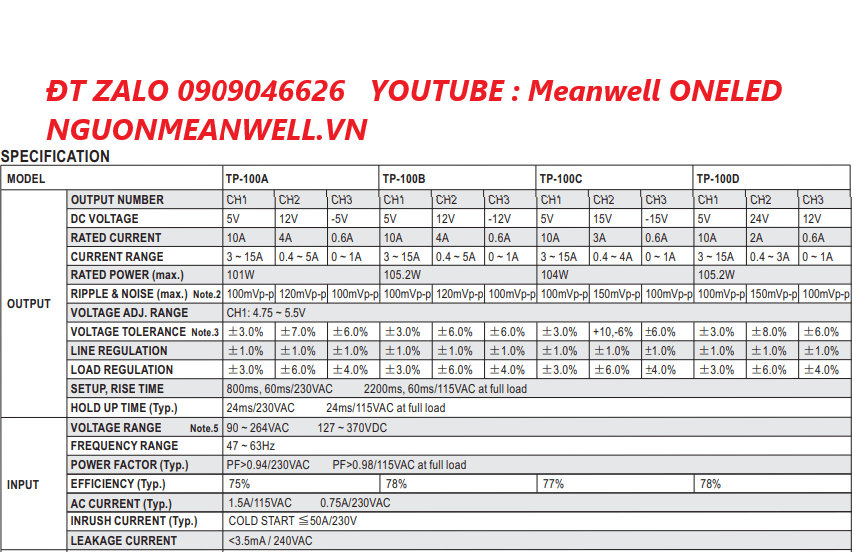 Báo Giá Bộ Nguồn Meanwell TP-100B